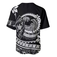 Black V-neck baseball jersey, back view with large circular wave and plumeria print