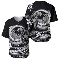 Black V-neck baseball jersey set, front and back showing circular wave, turtle, plumeria