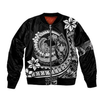 Black bomber jacket with white Polynesian wave and plumeria-style graphic, zip front
