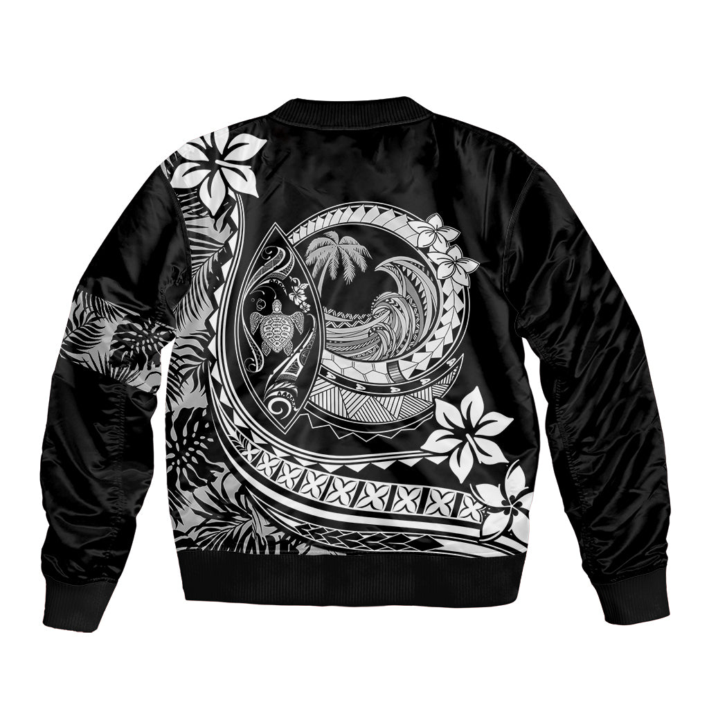 Black bomber jacket with large white Polynesian crest, palm and plumeria graphics, zip back