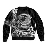 Black bomber jacket with large white Polynesian crest, palm and plumeria graphics, zip back