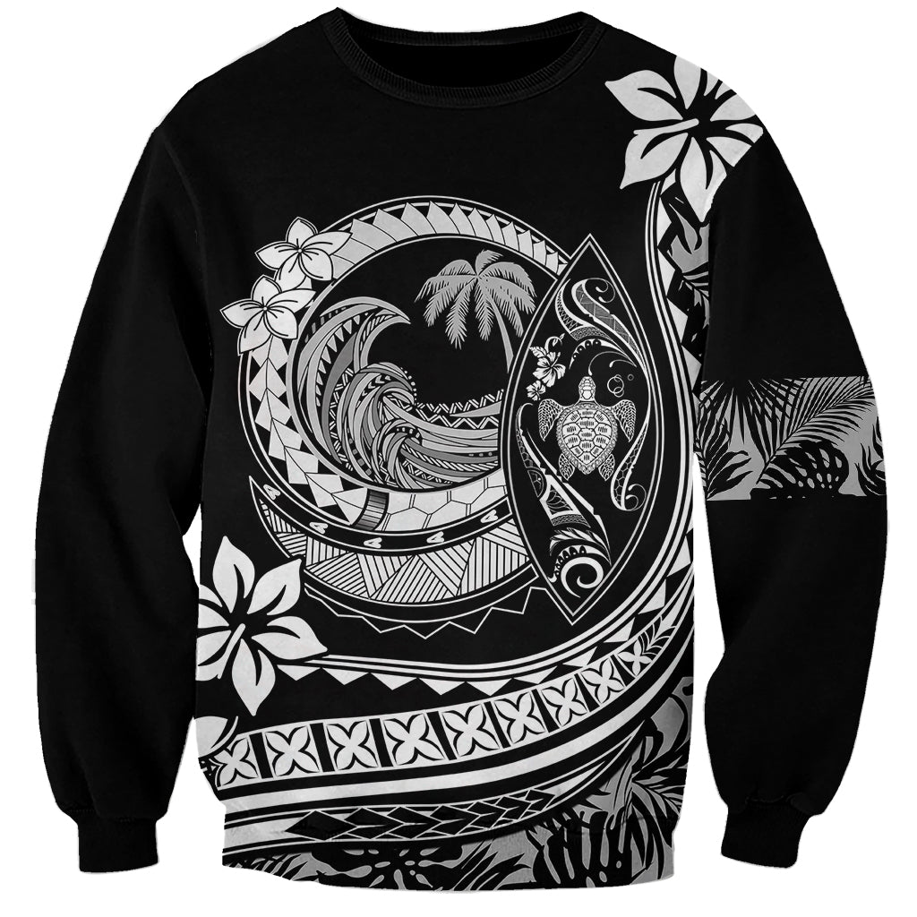 Black unisex sweatshirt with large Polynesian wave and plumeria graphic, full sleeves