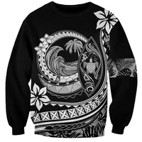 Black unisex sweatshirt with large Polynesian wave and plumeria graphic, full sleeves