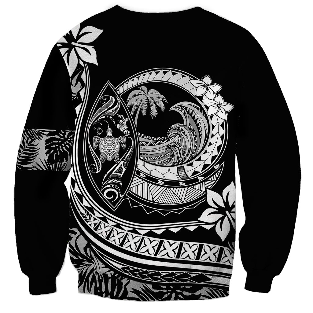 Black unisex sweatshirt with centered back Polynesian wave and plumeria graphic, long sleeves