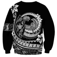Black unisex sweatshirt with centered back Polynesian wave and plumeria graphic, long sleeves