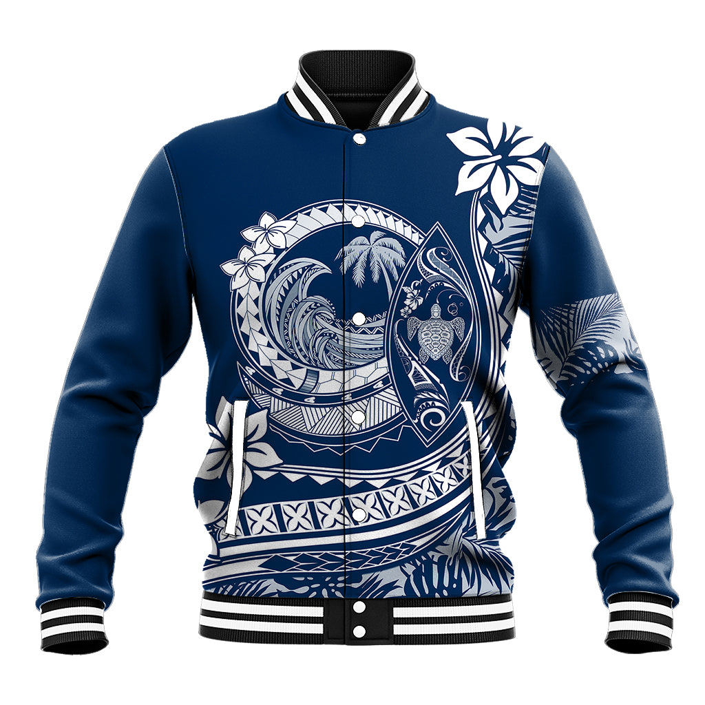 Navy blue baseball jacket with ribbed collar and cuffs, tropical wave plumeria print