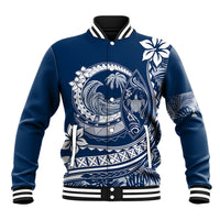 Navy blue baseball jacket with ribbed collar and cuffs, tropical wave plumeria print