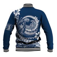 Back view: navy baseball jacket with striped cuffs and tropical wave plumeria graphic