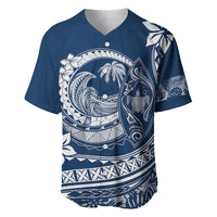 Navy blue baseball jersey with Polynesian turtle, waves, and floral graphic print, button V-neck