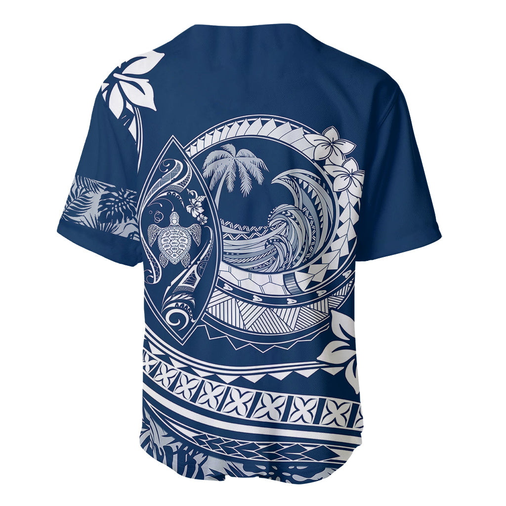 Navy blue baseball jersey with large Polynesian wave and sea creature back graphic, V-neck