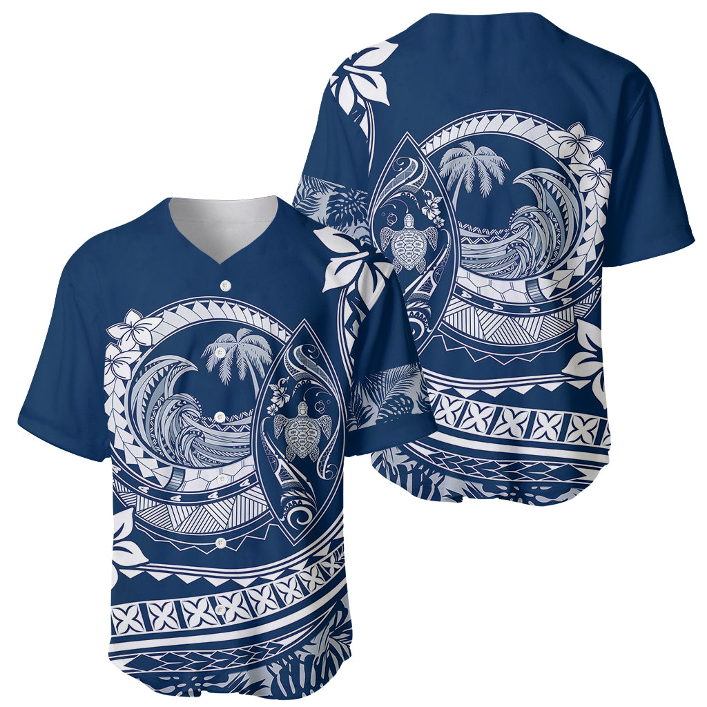 Navy blue baseball jersey with Polynesian turtle-and-wave print, button V-neck, short sleeves