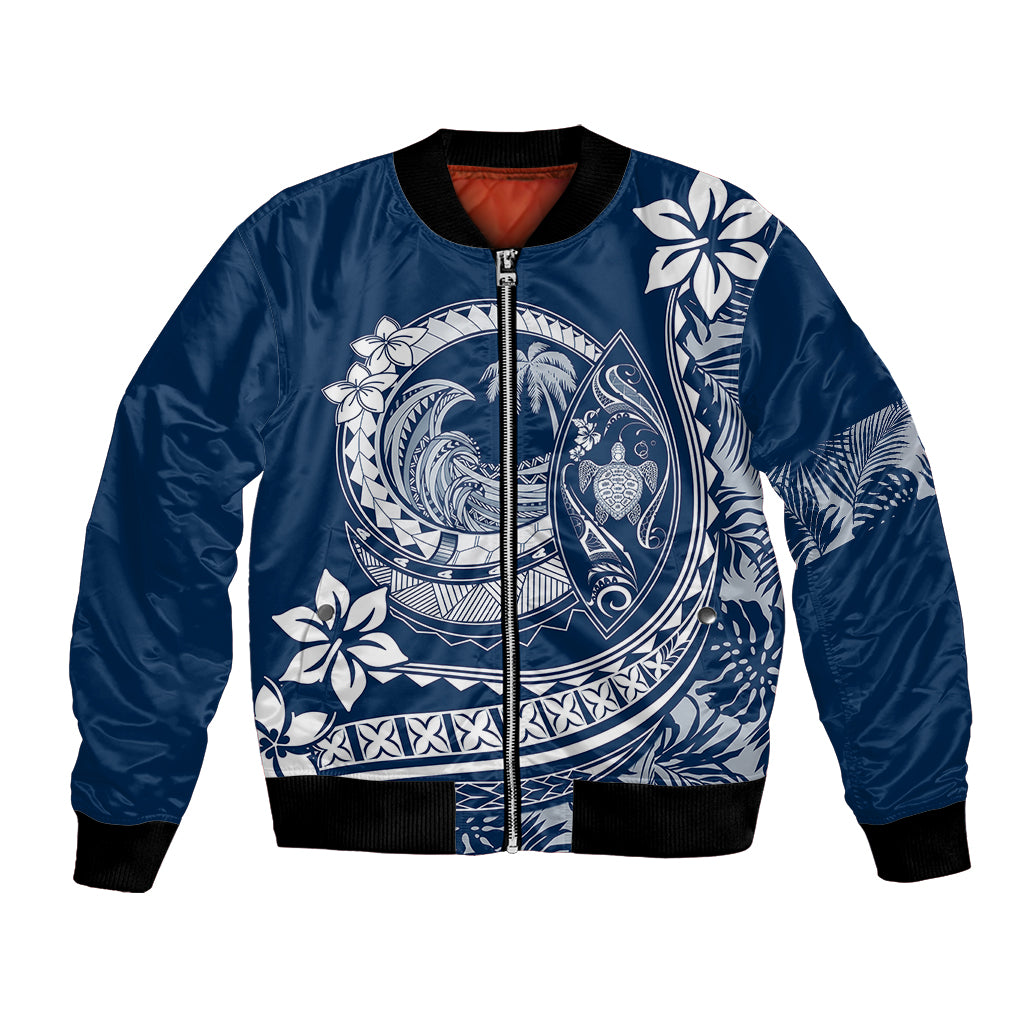 Navy bomber jacket with front zip and Polynesian plumeria wave graphic, ribbed cuffs