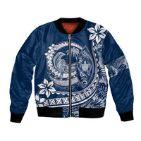 Navy bomber jacket with front zip and Polynesian plumeria wave graphic, ribbed cuffs