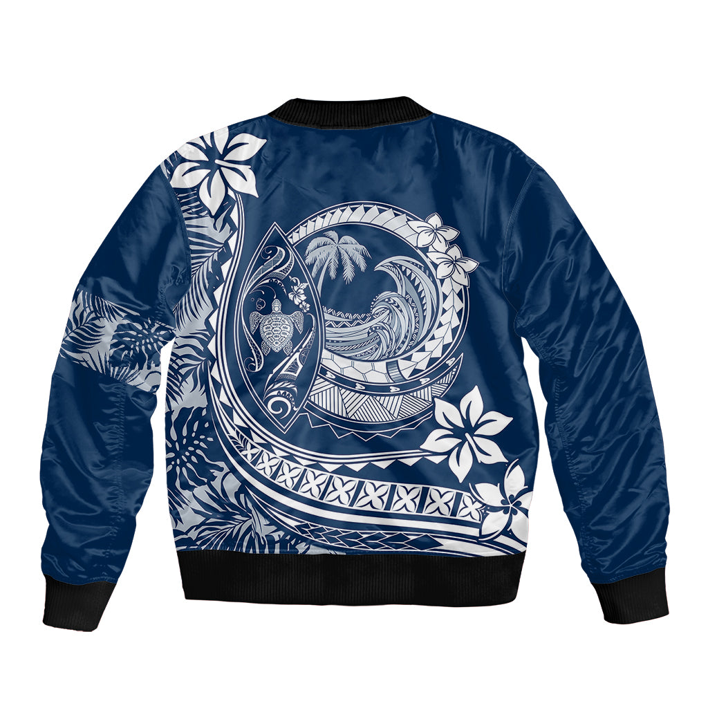 Navy bomber jacket with back Polynesian wave and plumeria graphic, ribbed collar and hem