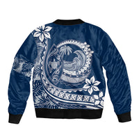 Navy bomber jacket with back Polynesian wave and plumeria graphic, ribbed collar and hem