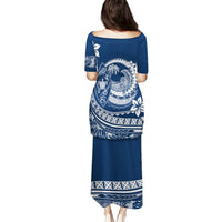 Long navy blue dress with back graphic print and matching hem border