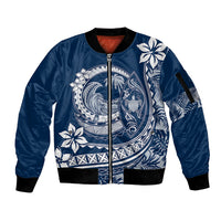 Navy blue zip-front bomber jacket with ribbed cuffs, hem, and large plumeria wave print