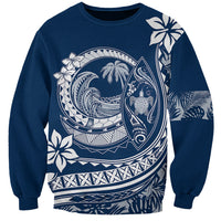 Navy blue unisex sweatshirt with large white Polynesian-style wave and floral graphic