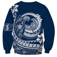 Navy blue unisex sweatshirt with large white Polynesian wave and floral graphic