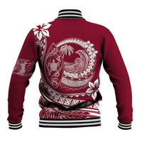 Burgundy unisex baseball jacket with white back graphic, striped ribbed collar, and button hem