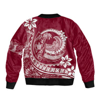 Unisex burgundy bomber jacket, ribbed hem and cuffs, large white circular back graphic