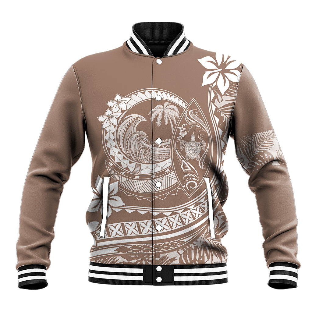 Beige baseball jacket with snap front, striped rib collar/cuffs, Polynesian plumeria print