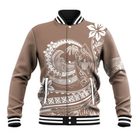Beige baseball jacket with snap front, striped rib collar/cuffs, Polynesian plumeria print