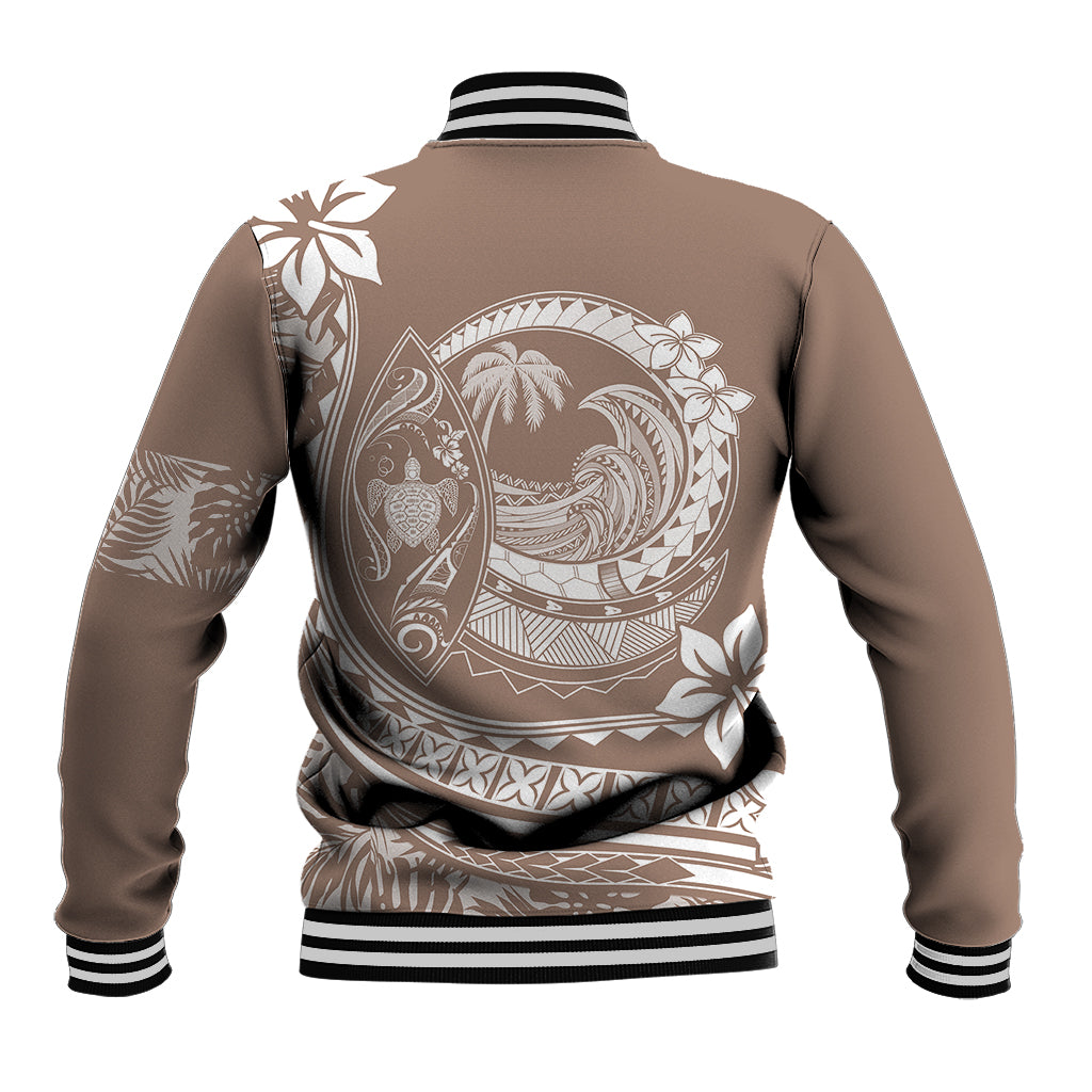 Back view of beige baseball jacket with striped rib hem and cuffs, Polynesian wave and bird print