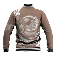 Back view of beige baseball jacket with striped rib hem and cuffs, Polynesian wave and bird print