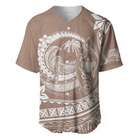 Beige baseball jersey with V-neck and button placket, Polynesian plumeria and ocean graphics