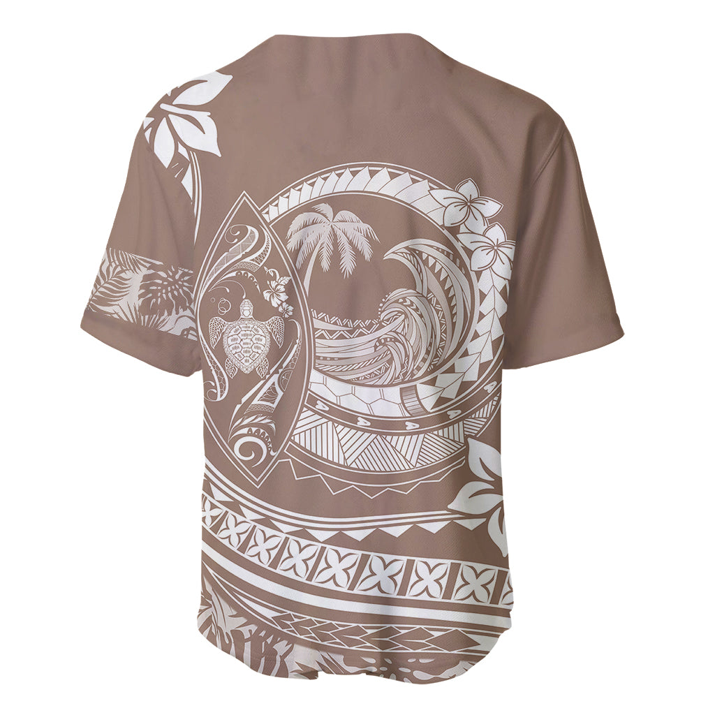 Beige baseball jersey with V-neck, back view, large circular plumeria and ocean pattern