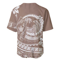 Beige baseball jersey with V-neck, back view, large circular plumeria and ocean pattern