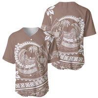 Beige baseball jersey, front and back views, V-neck with white plumeria and sea turtle prints