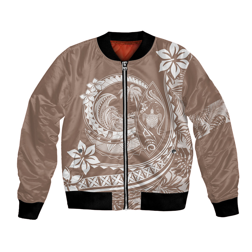 Beige unisex bomber jacket with full-zip front and Polynesian floral surf graphic, black cuffs
