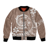 Beige unisex bomber jacket with full-zip front and Polynesian floral surf graphic, black cuffs