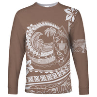 Unisex long sleeve shirt in dark brown with white Polynesian plumeria and wave graphic