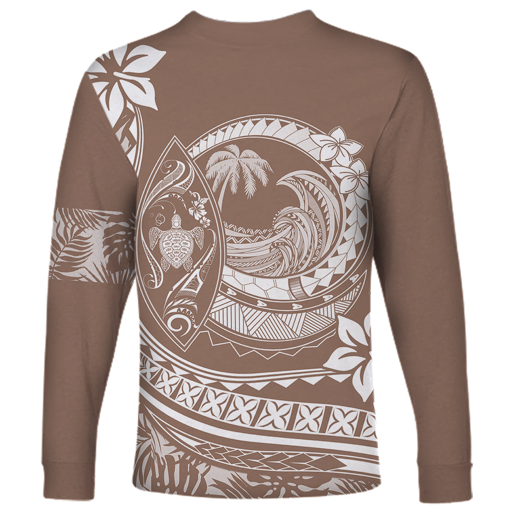 Unisex long sleeve shirt back in dark brown with large white circular wave and plumeria print