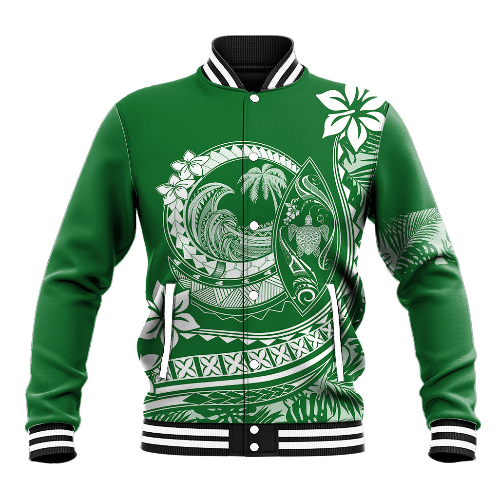 Green unisex baseball jacket with white Polynesian-style wave and floral graphic