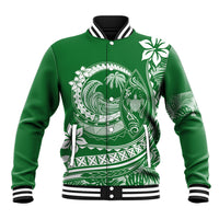 Green unisex baseball jacket with white Polynesian-style wave and floral graphic