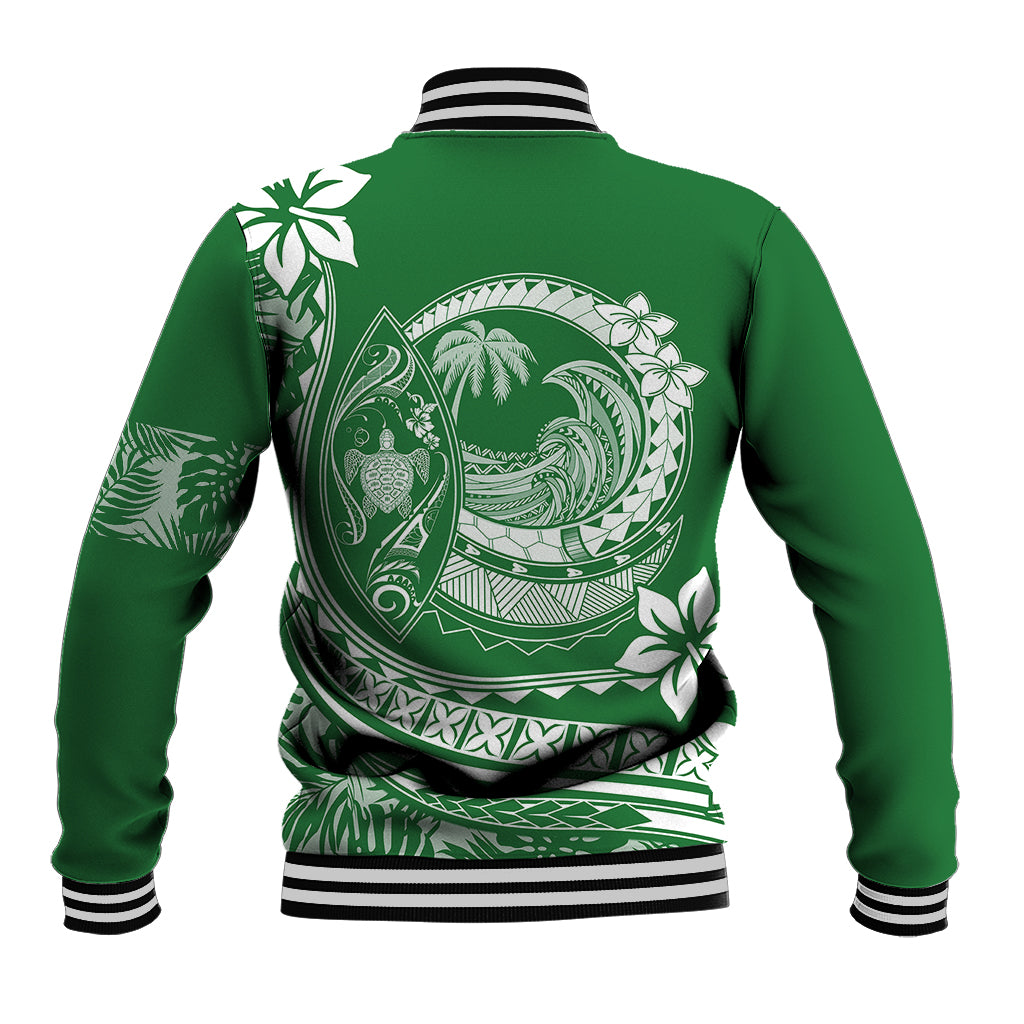 Green unisex baseball jacket with white back graphic, ribbed striped collar and cuffs