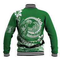 Green unisex baseball jacket with white back graphic, ribbed striped collar and cuffs