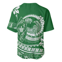 Green V-neck baseball jersey back with large white circular island wave and plumeria print