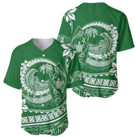 Green tropical baseball jersey set showing front and back with white circular wave print