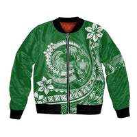 Green bomber jacket with white Polynesian plumeria tropical print, front zip and ribbed trim