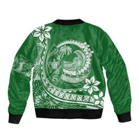 Green bomber jacket with white Polynesian plumeria back graphic, ribbed hem and cuffs