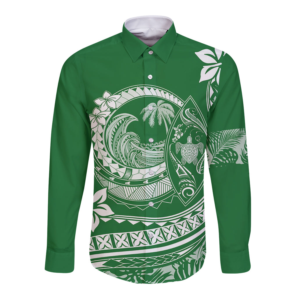 Green long-sleeve button shirt with wave and plumeria graphic print