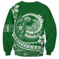 Green unisex crewneck sweatshirt with large back white Polynesian turtle and plumeria print