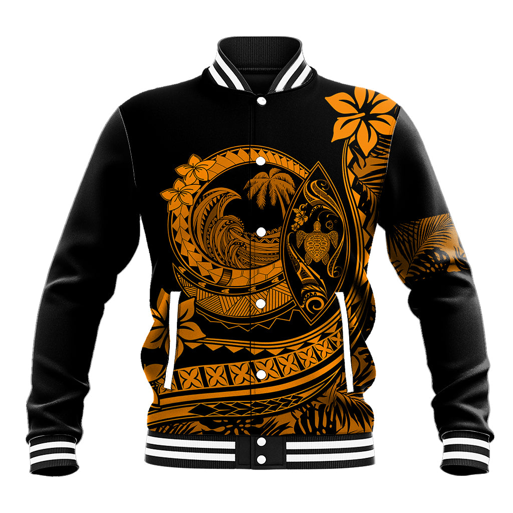 Black baseball jacket with orange Polynesian wave graphic, ribbed striped collar and cuffs