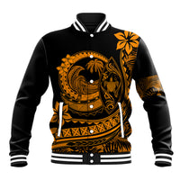 Black baseball jacket with orange Polynesian wave graphic, ribbed striped collar and cuffs