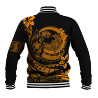 Black baseball jacket back with orange Polynesian circle surf graphic, ribbed striped hem and cuffs